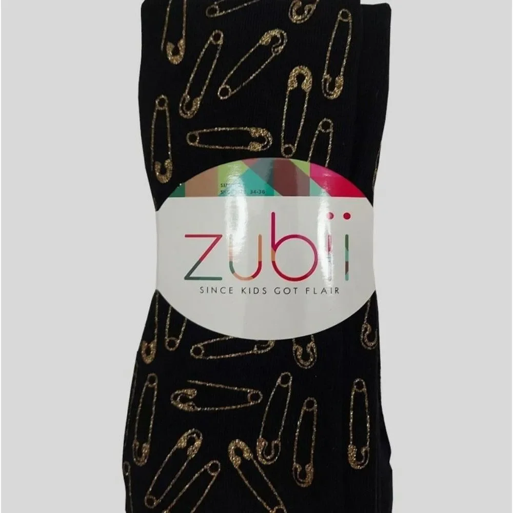 Zubii Footed Tights Pack of 2 Girl's Size 10 Black Gold Pins Print
